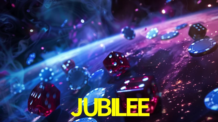 Una escena digital vívida inspirada en casino con JUBILEE mostrado prominentemente, luces brillantes, fichas, cartas y acentos dorados.