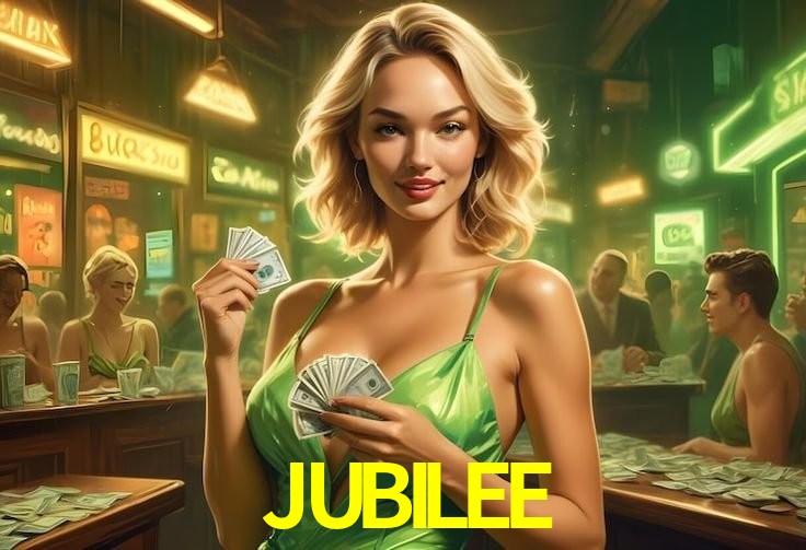 Escena dinámica inspirada en casino con iluminación JUBILEE, cartas, fichas e íconos de juegos digitales en un espacio moderno de juegos.