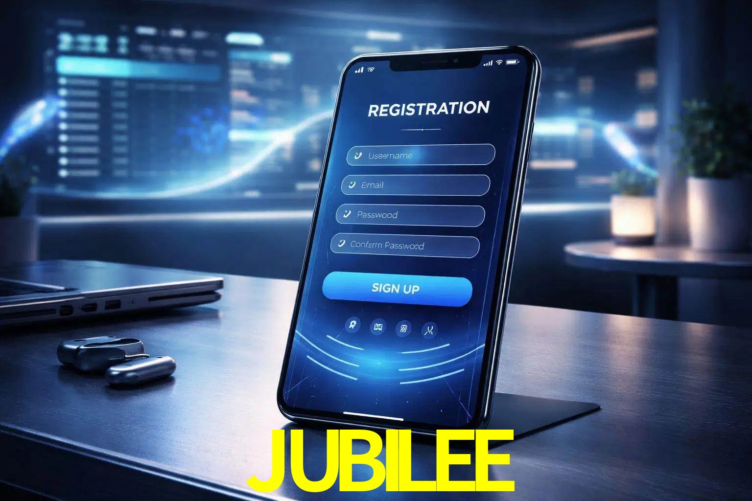 Una interfaz moderna de registro móvil para JUBILEE mostrada en un smartphone con un panel de apuestas elegante.